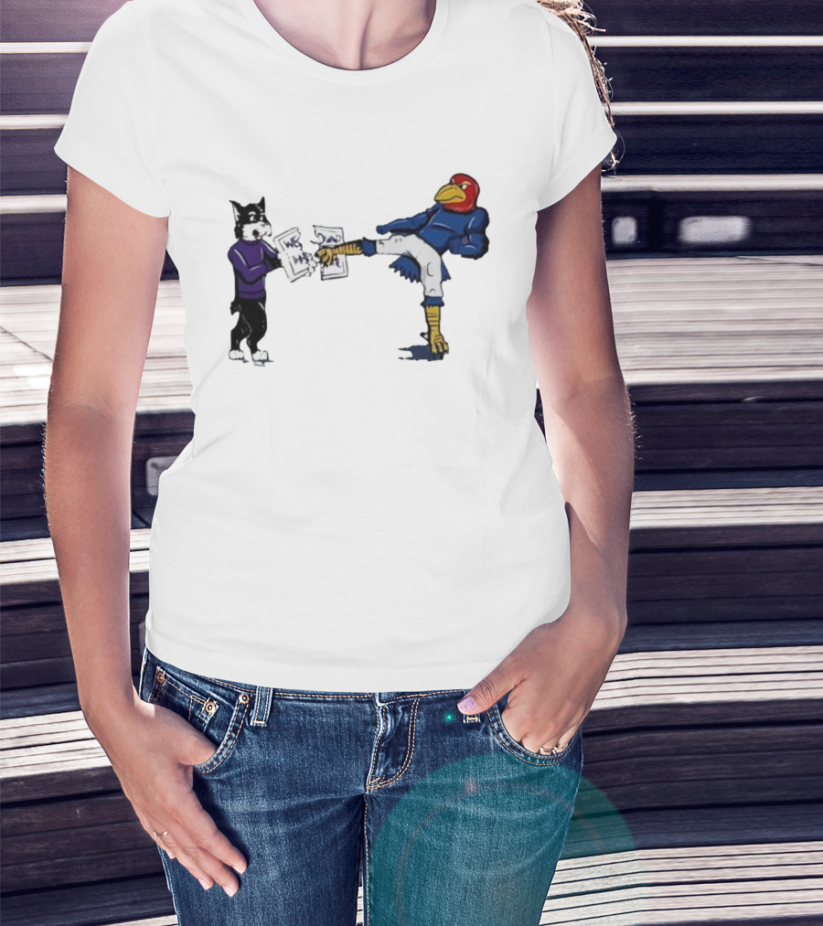 Kansas Jayhawk Mascot Kicking Wildcat We Own State T-Shirt