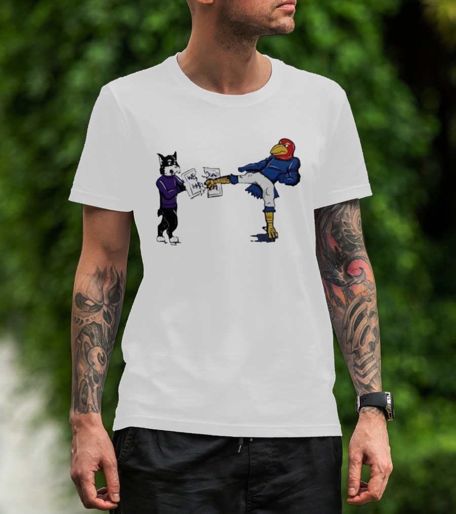 Kansas Jayhawk Mascot Kicking Wildcat We Own State T-Shirt