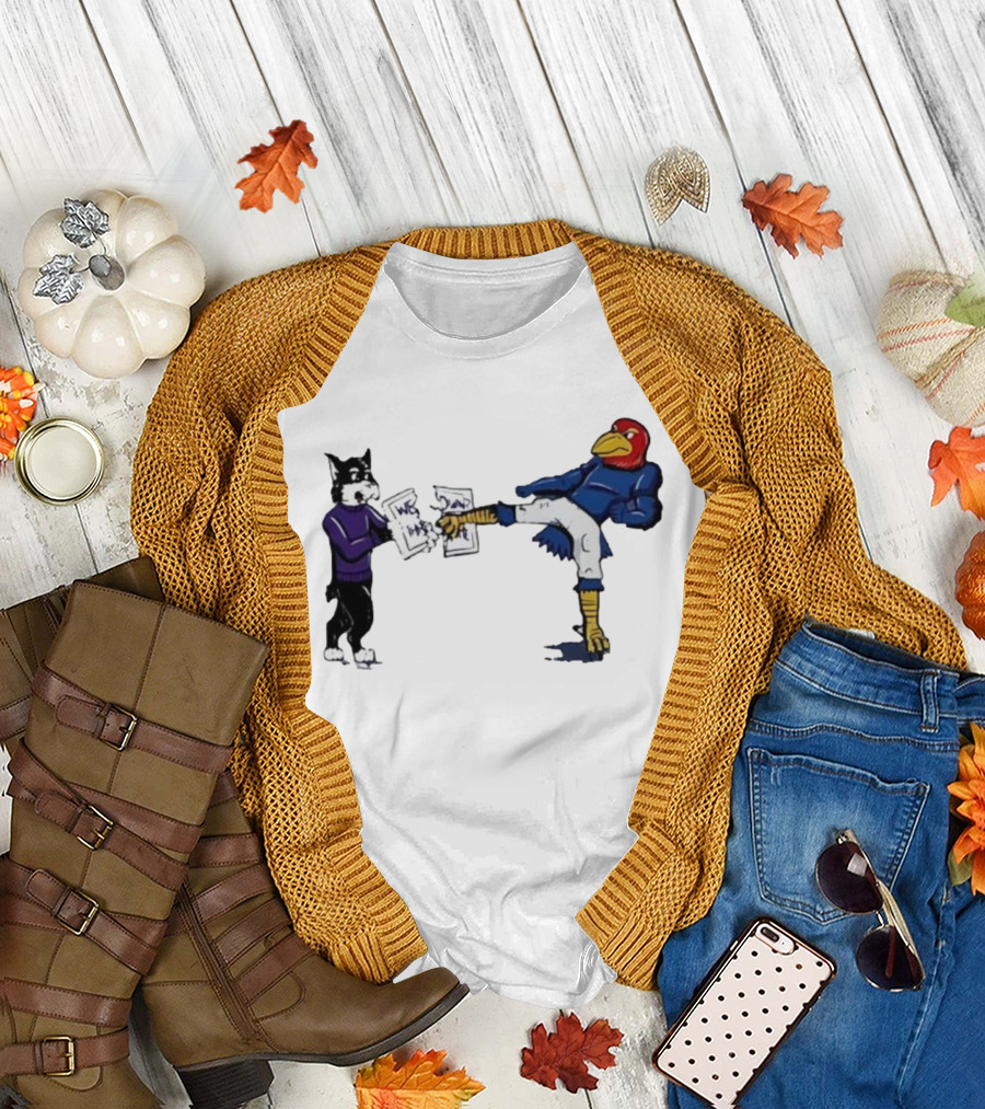 Kansas Jayhawk Mascot Kicking Wildcat We Own State T-Shirt