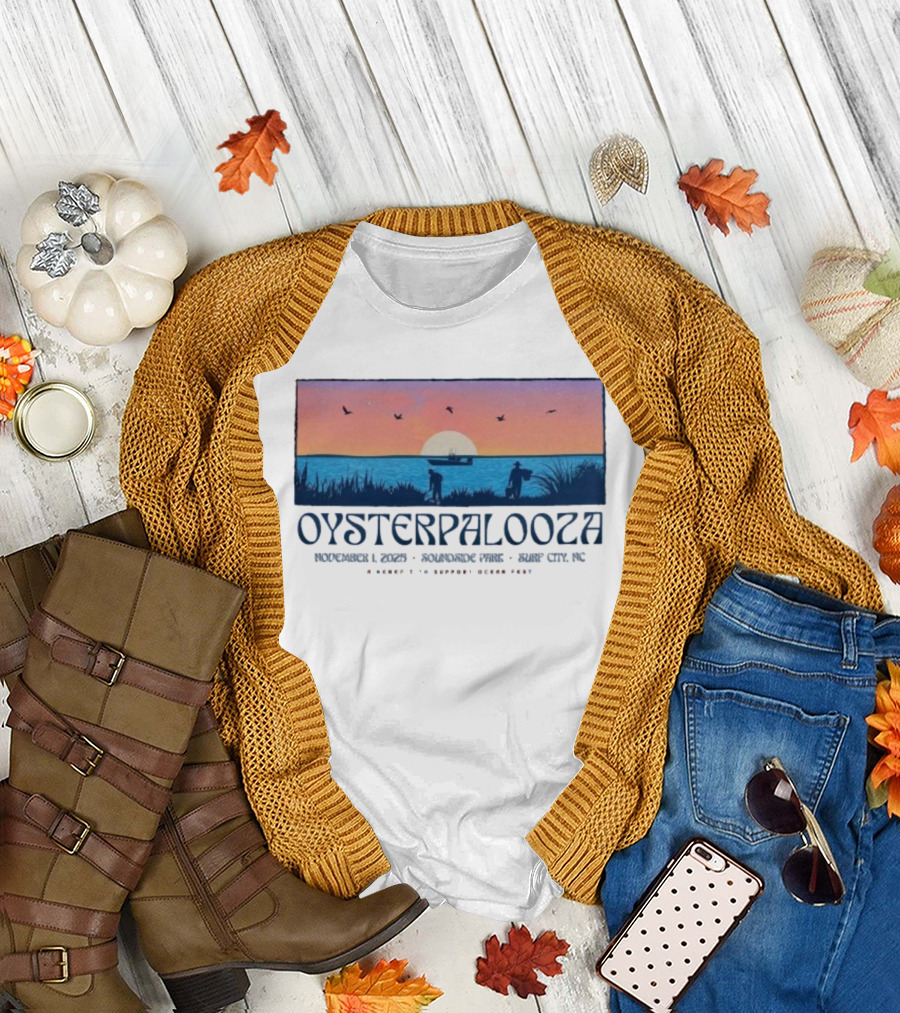 Oysterpalooza Benefit Support Ocean Fest November 1 2025 Soundside Park Surf City NC Sunset Beach Scene T-Shirt