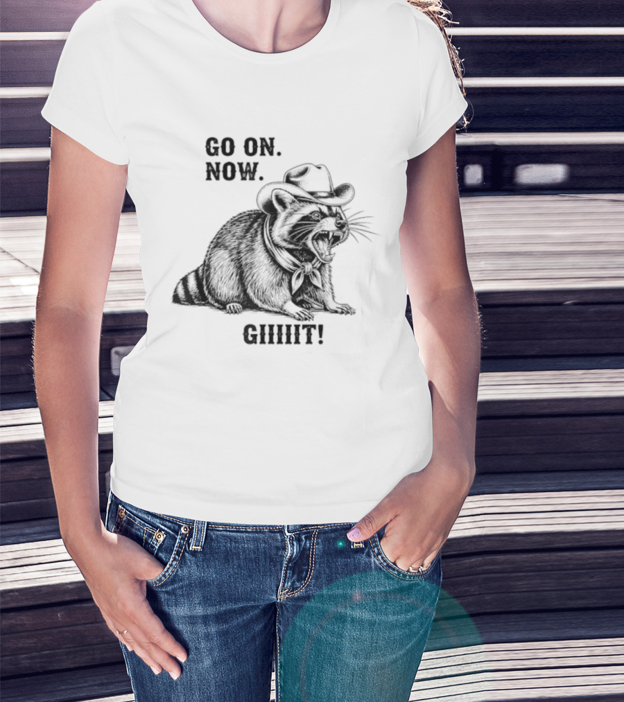 Vintage Cowboy Raccoon Go On Now Git Rustic Western Apparel T-Shirt