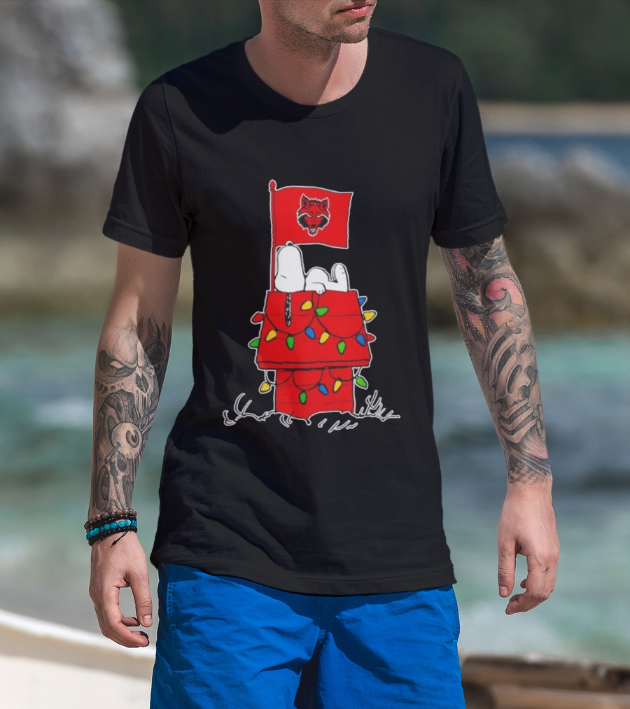 Arkansas State Red Wolves Snoopy Holiday Lights House Peanuts T-Shirt