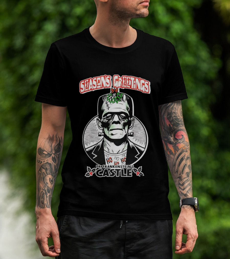 Seasons Greetings Dr. Frankenstein's Castle Christmas T-Shirt