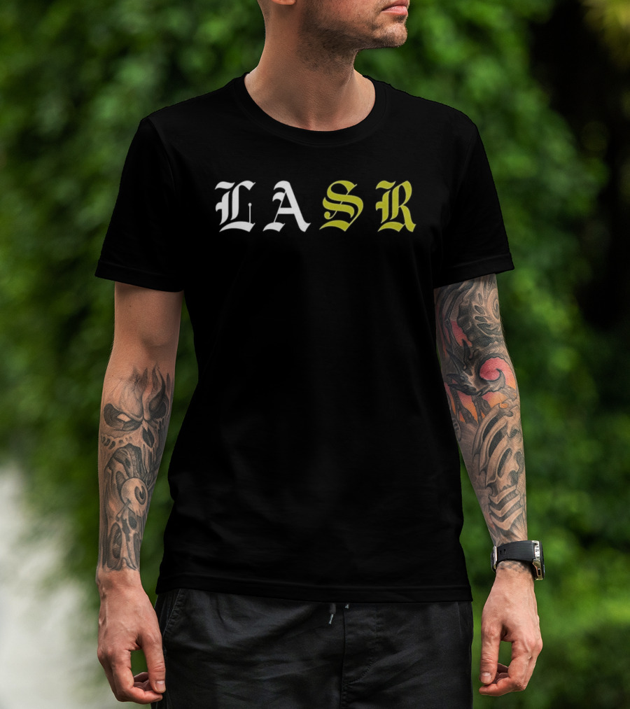 LASR Old English Style Letters Los Angeles Sports Report T-Shirt