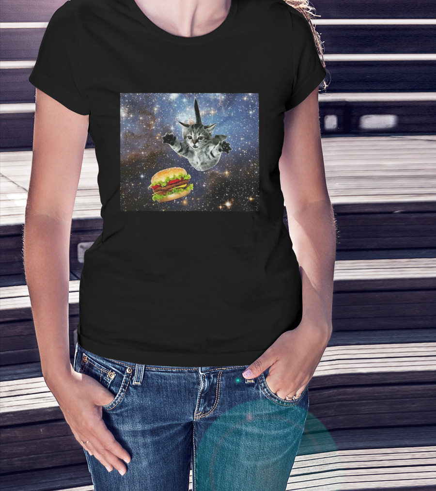 Silly Cats Hamburger Space Adventure With Stars And Galaxy T-Shirt