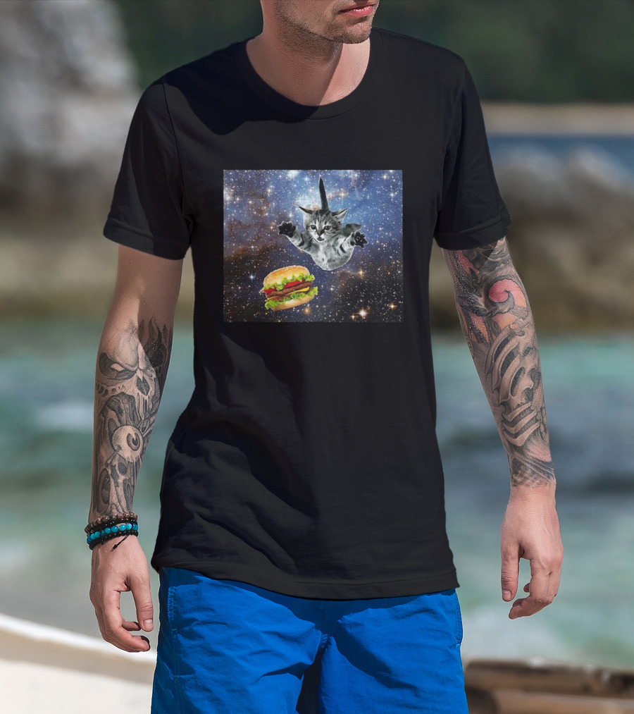 Silly Cats Hamburger Space Adventure With Stars And Galaxy T-Shirt