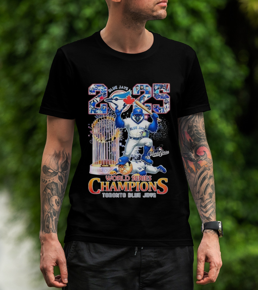 Toronto Blue Jays 2025 World Series Champions Trophy Firework Mascot Celebration T-Shirt