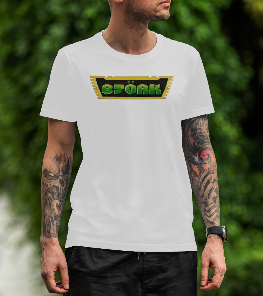 Björk Vintage Green Letters Yellow Border Retro Style T-Shirt