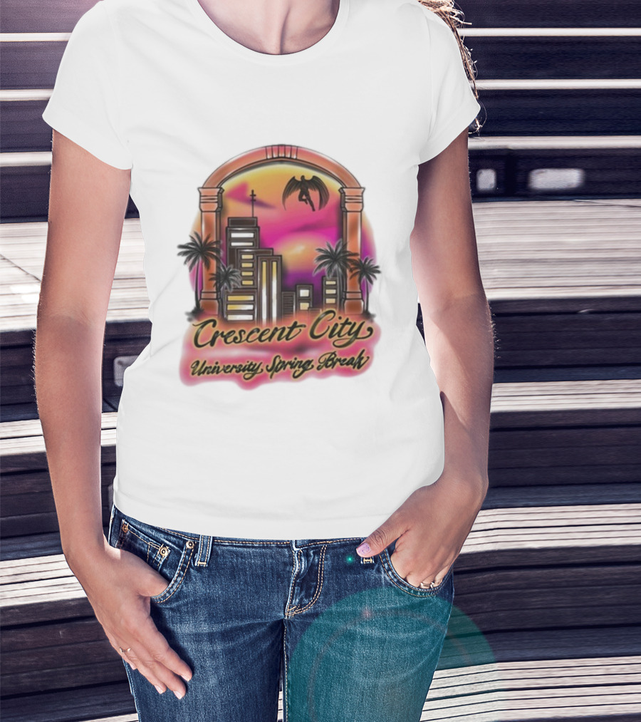 Crescent City University Spring Break Airbrush Tropical Sunset Skyscraper Archway Angel Wings T-Shirt