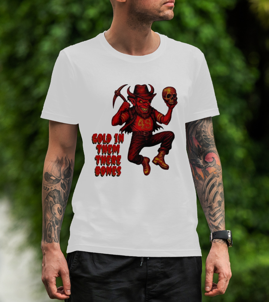 San Francisco 49er Devil Holding Skull Gold In Them There Bones T-Shirt