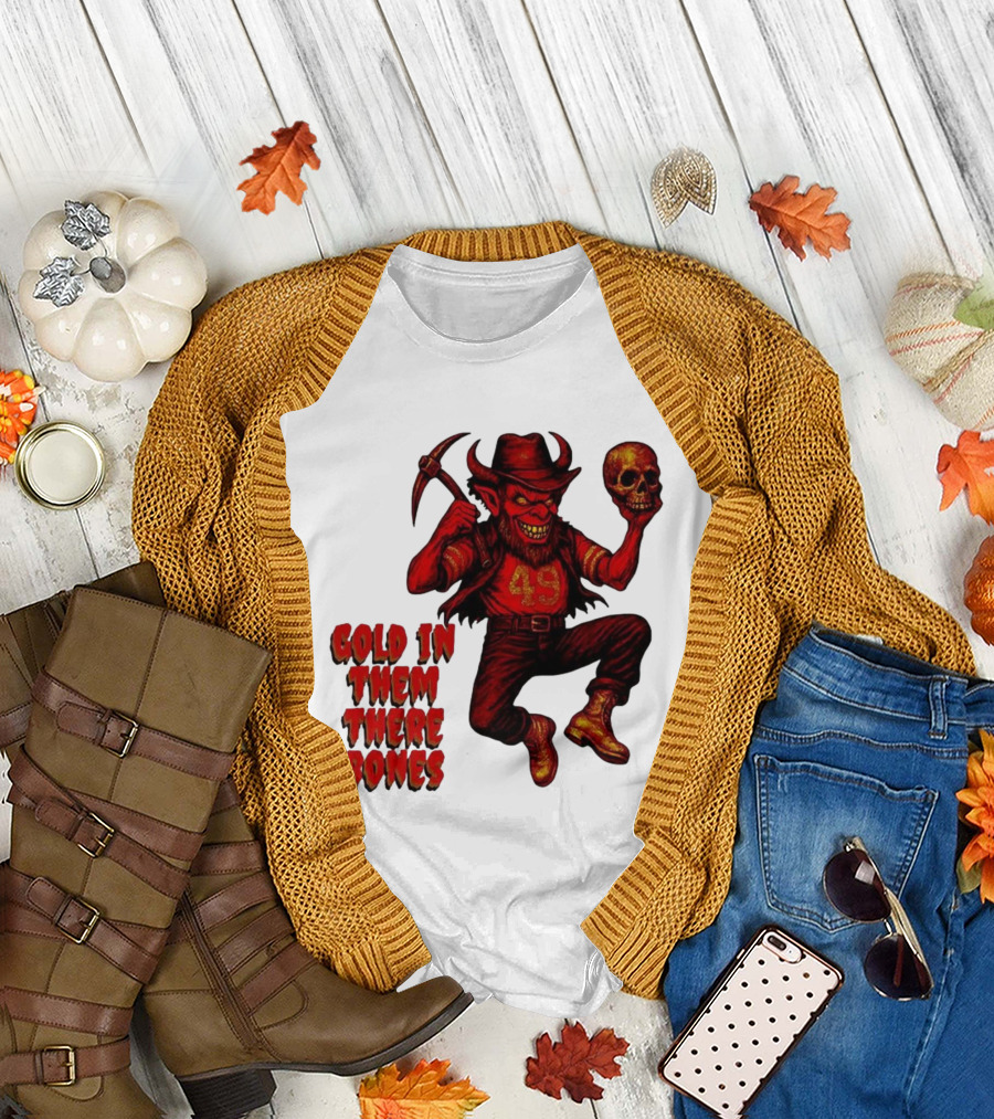 San Francisco 49er Devil Holding Skull Gold in Them There Bones T-Shirt