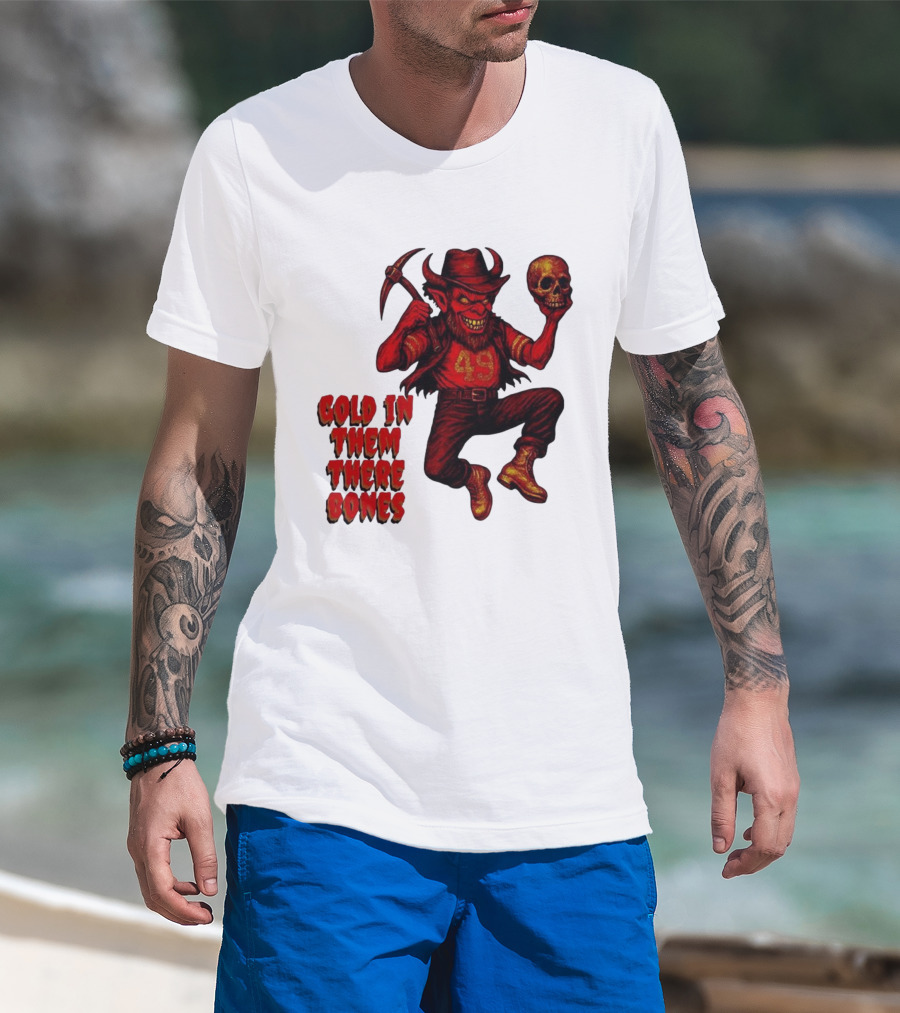 San Francisco 49er Devil Holding Skull Gold In Them There Bones T-Shirt