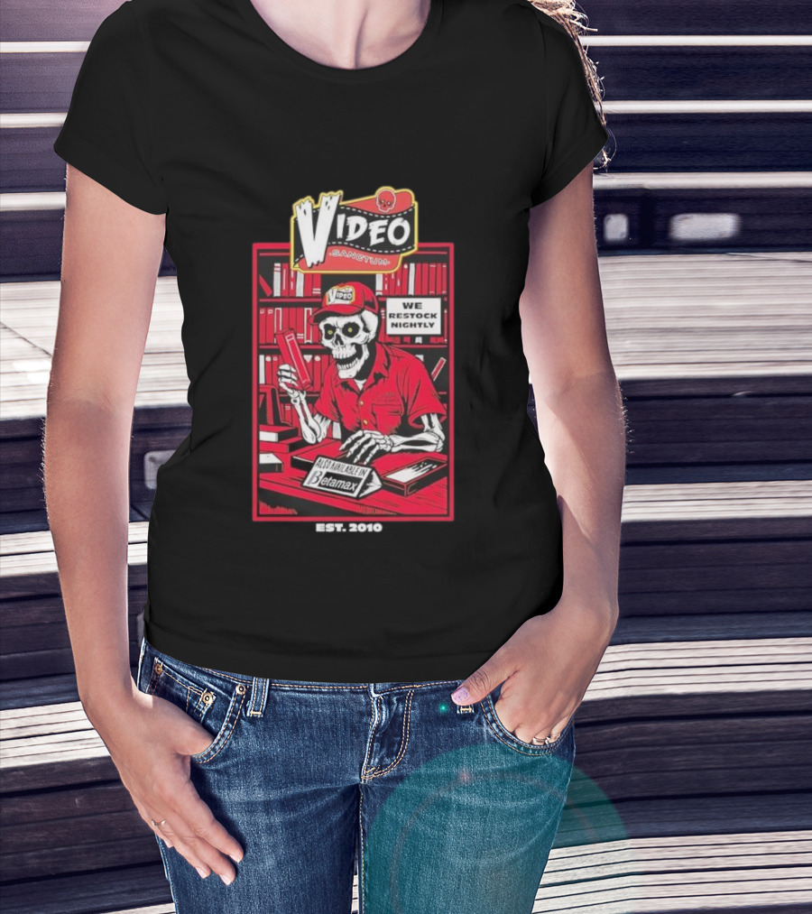Video Sanctum We Restock Nightly Betamax Skeleton T-Shirt