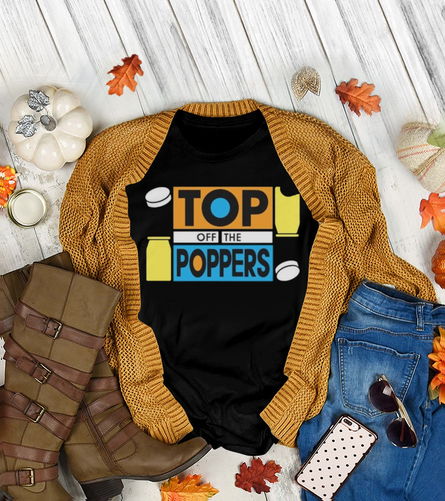 TOP OFF THE POPPERS Yellow And Blue Theme With White Pieces T-Shirt