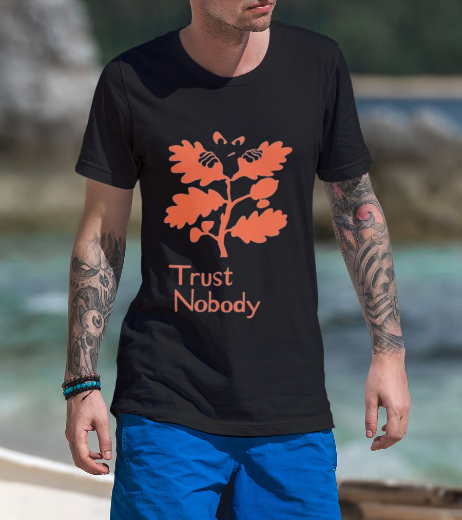 Trust Nobody Hidden Face Orange Leaf Design T-Shirt