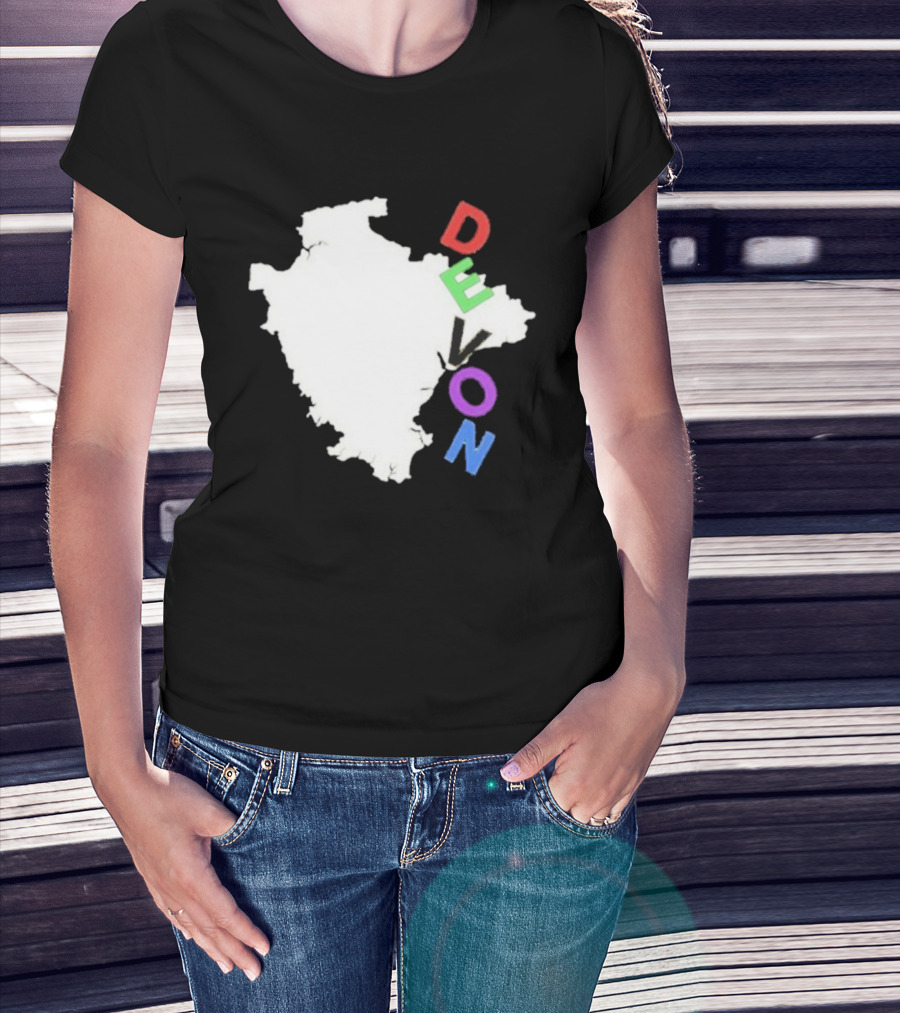 We Are Devon Island Map Outline With Colorful Vertical Text T-Shirt
