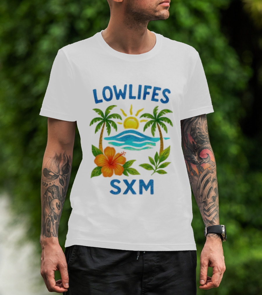 Lowlifes SXM Tropical Sunset 2025 Palms Hibiscus Ocean Sun T-Shirt