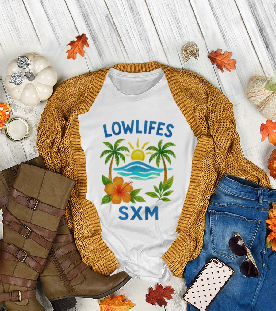 Lowlifes SXM Tropical Sunset 2025 Palms Hibiscus Ocean Sun T-Shirt