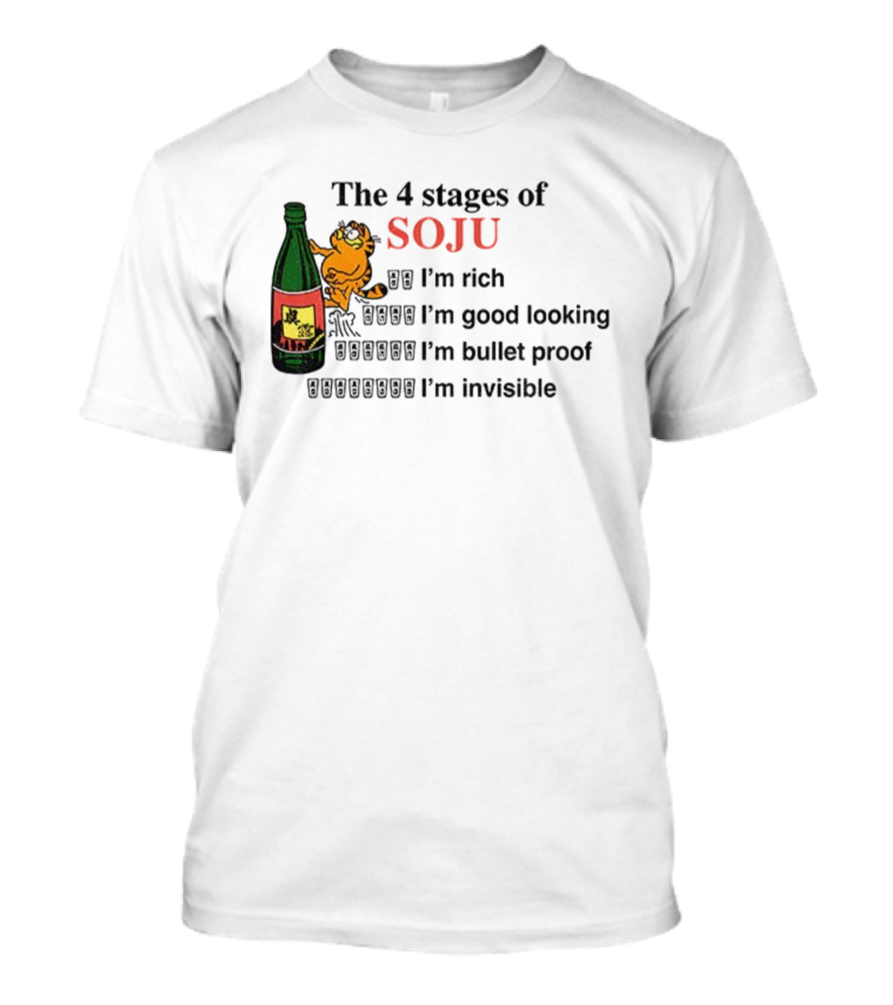 Orange Cat The 4 Stages Of Soju I'm Rich Good Looking Bullet Proof Invisible T-Shirt