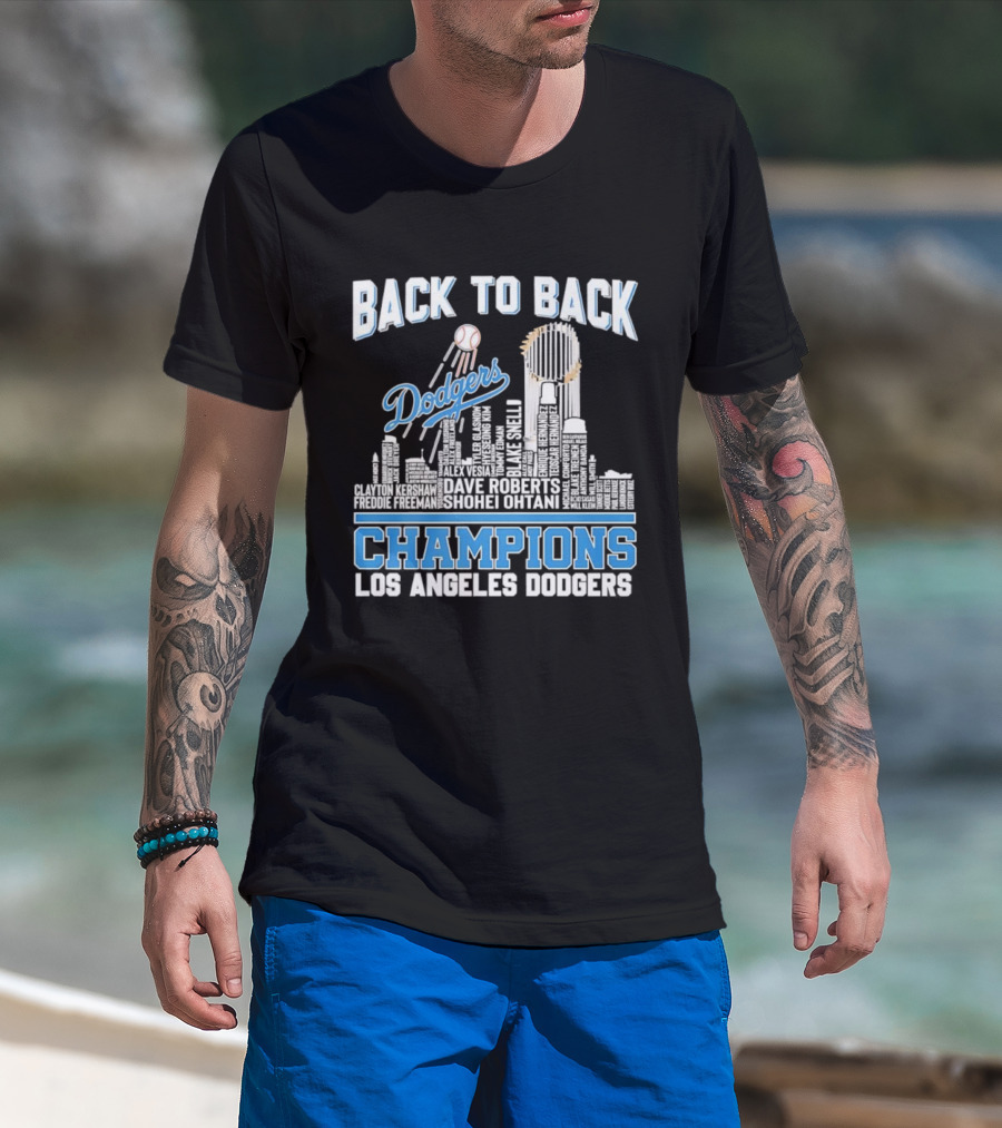 Back To Back Champions Dodgers Trophy Los Angeles Skyline T-Shirt