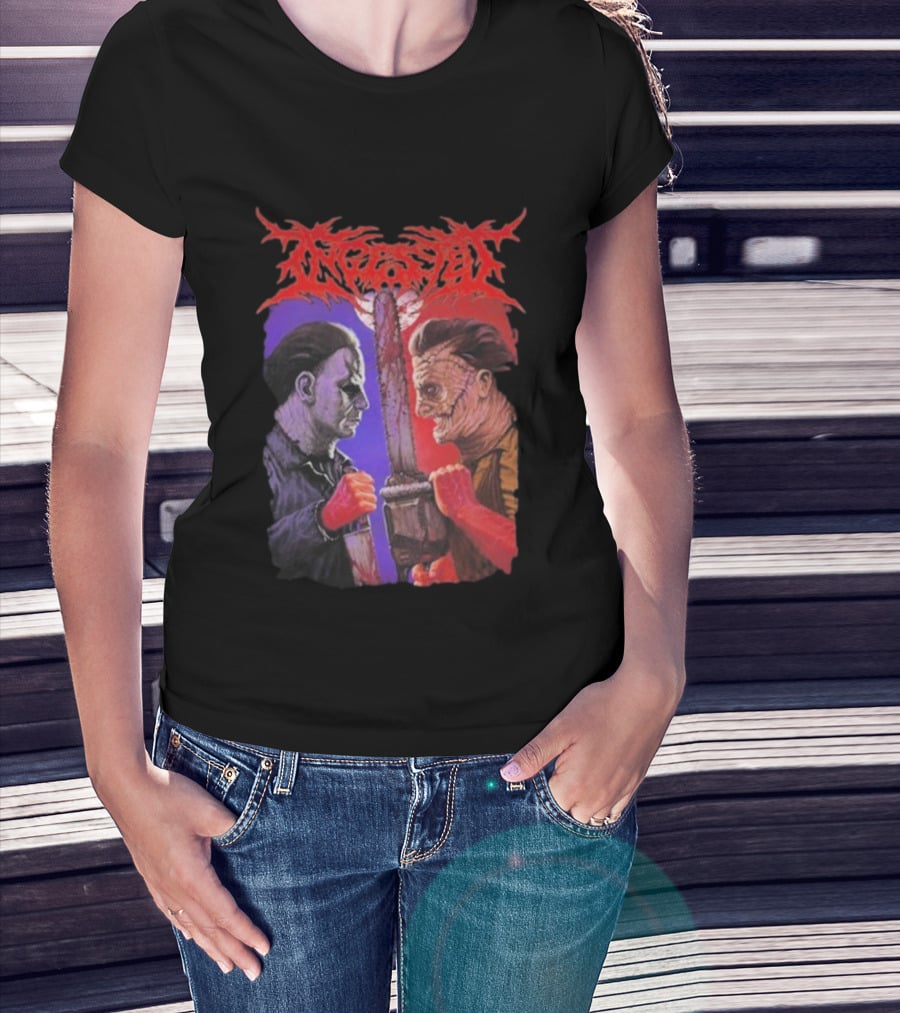 Michael Myers Freddy Krueger Ingested Chainsaw Showdown Graphic T-Shirt