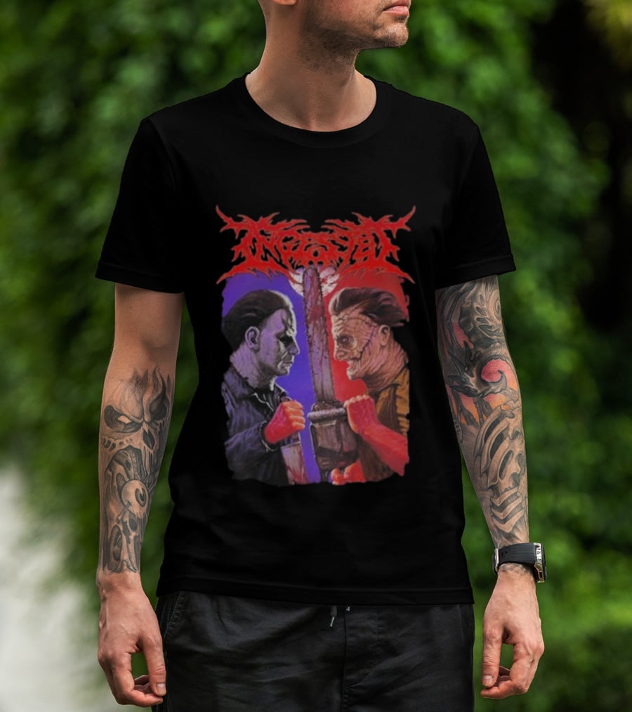 Michael Myers Freddy Krueger Ingested Chainsaw Showdown Graphic T-Shirt