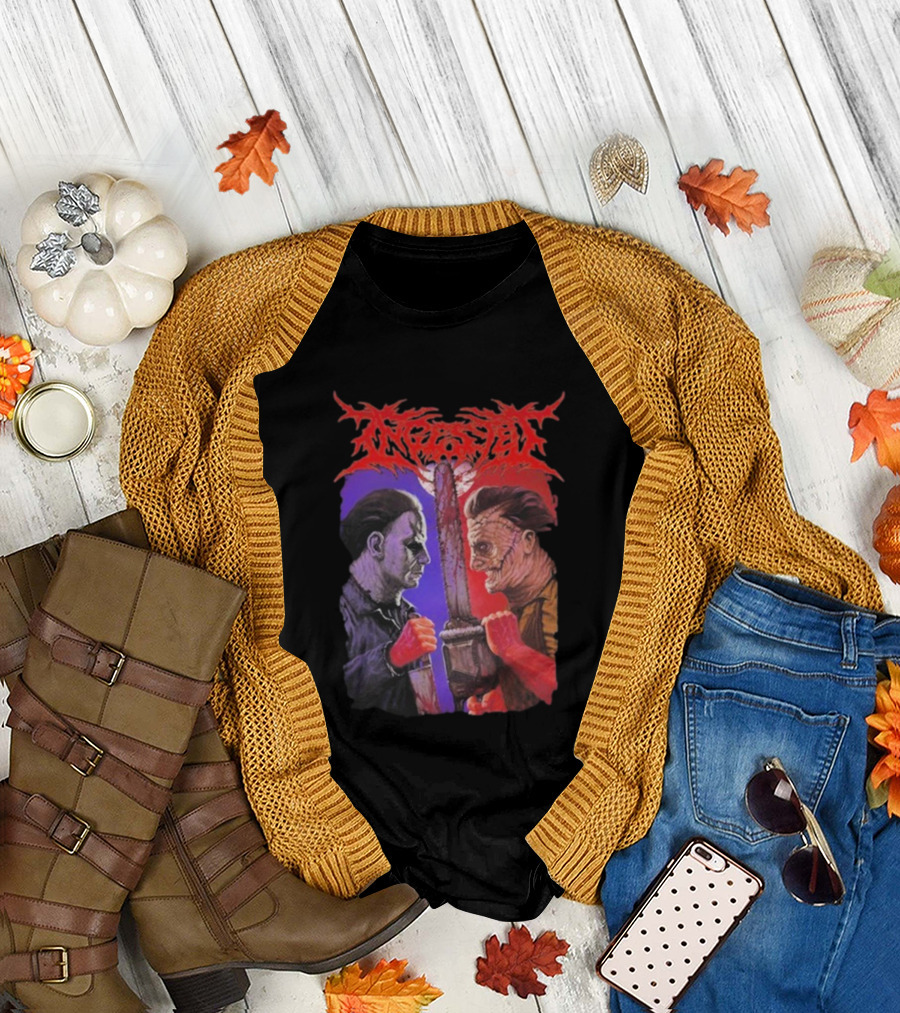 Michael Myers Freddy Krueger Ingested Chainsaw Showdown Graphic T-Shirt