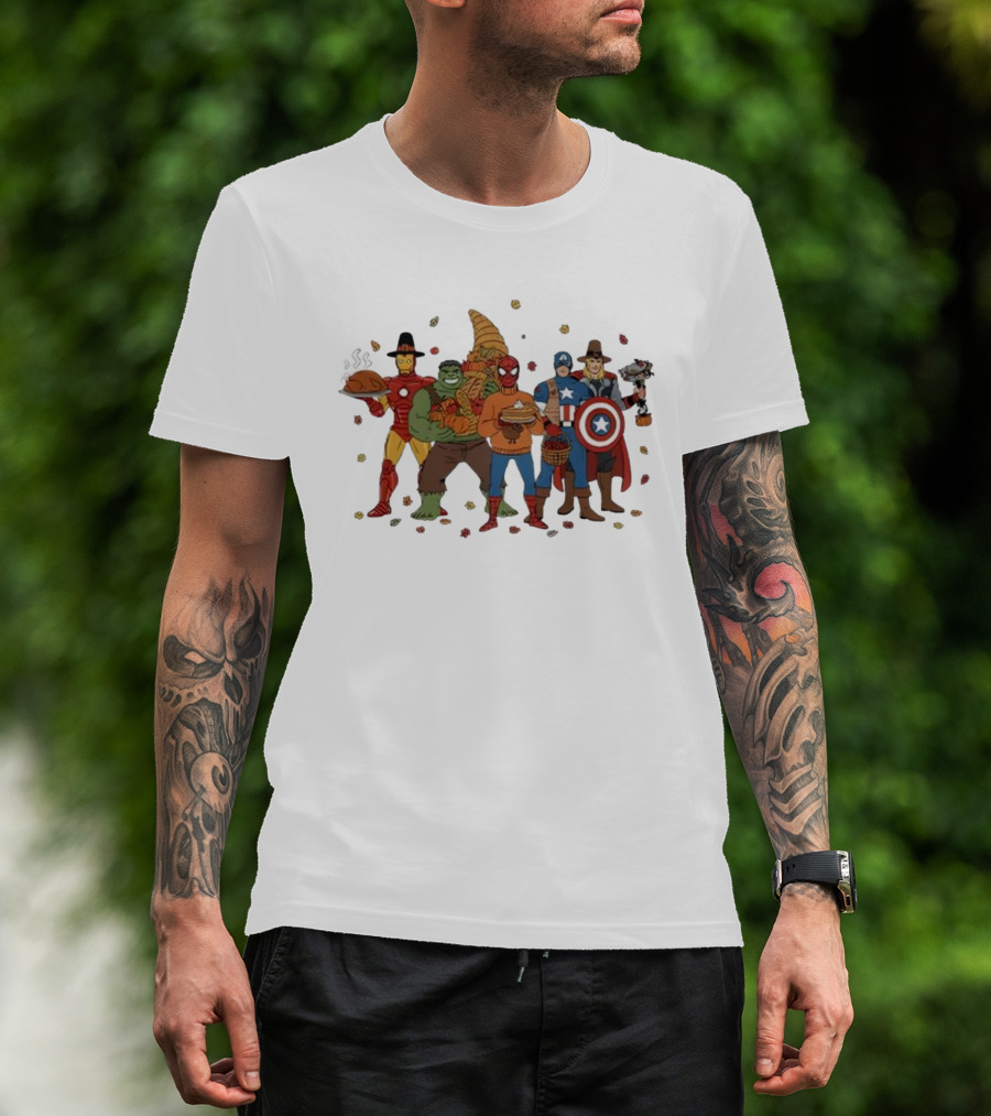 Thanksgiving Superhero Feast With Iron Man Hulk Spider-Man Captain America T-Shirt
