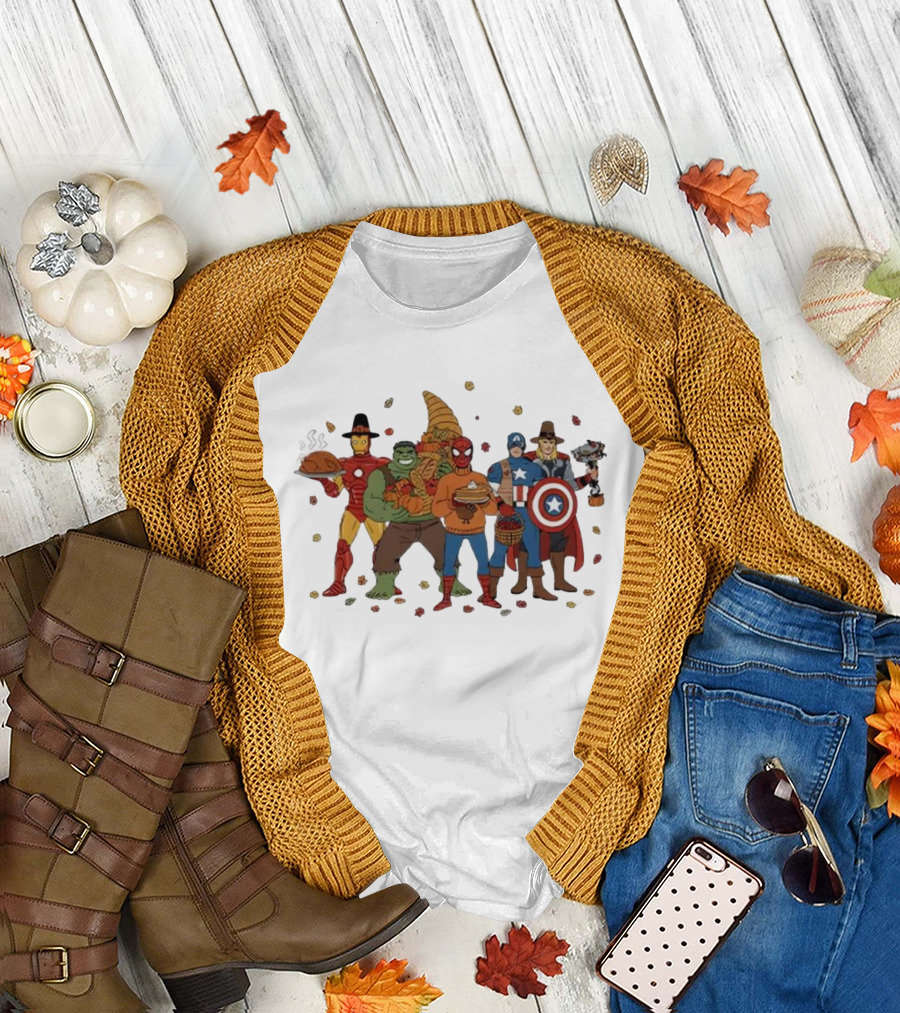 Thanksgiving Superhero Feast with Iron Man Hulk Spider-Man Captain America T-Shirt