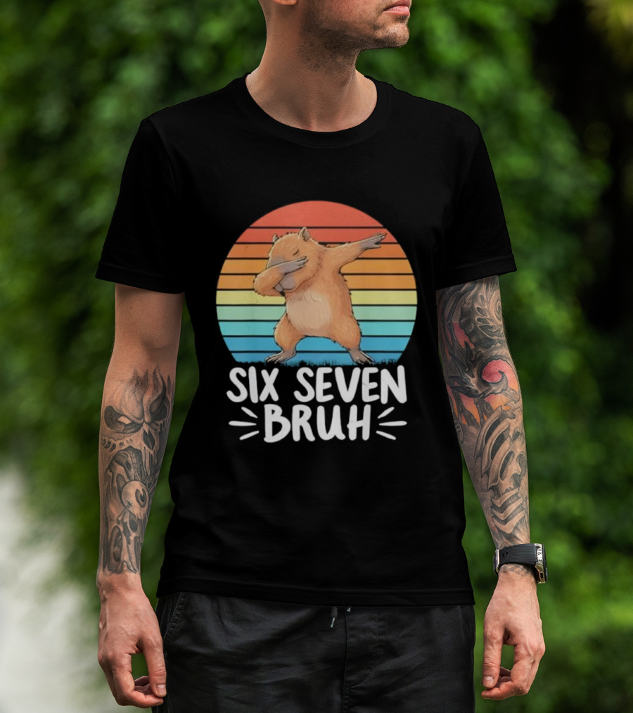 67 Meme Capybara Dabbing Six Seven Bruh Rainbow Retro T-Shirt