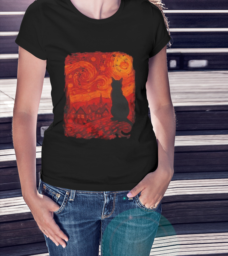 Van Gogh Cat Lover Starry Night Thanksgiving Autumn T-Shirt