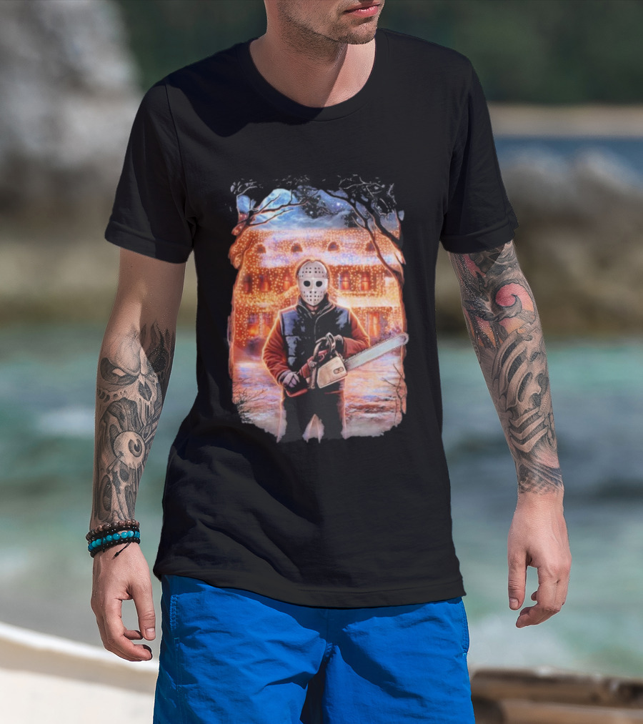 Clark’s Revenge Chainsaw Christmas Lights Hockey Mask Retro Horror Holiday T-Shirt