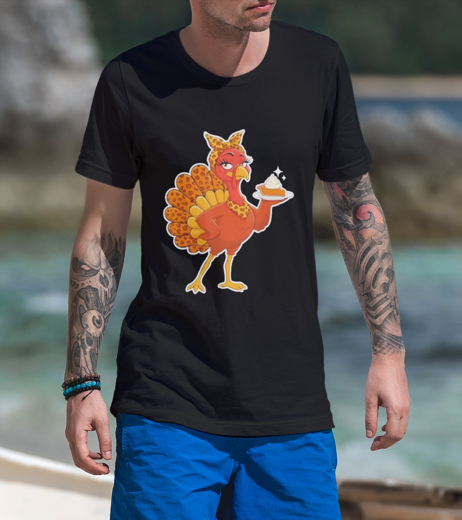 Leopard Print Turkey With Pumpkin Pie Thanksgiving T-Shirt