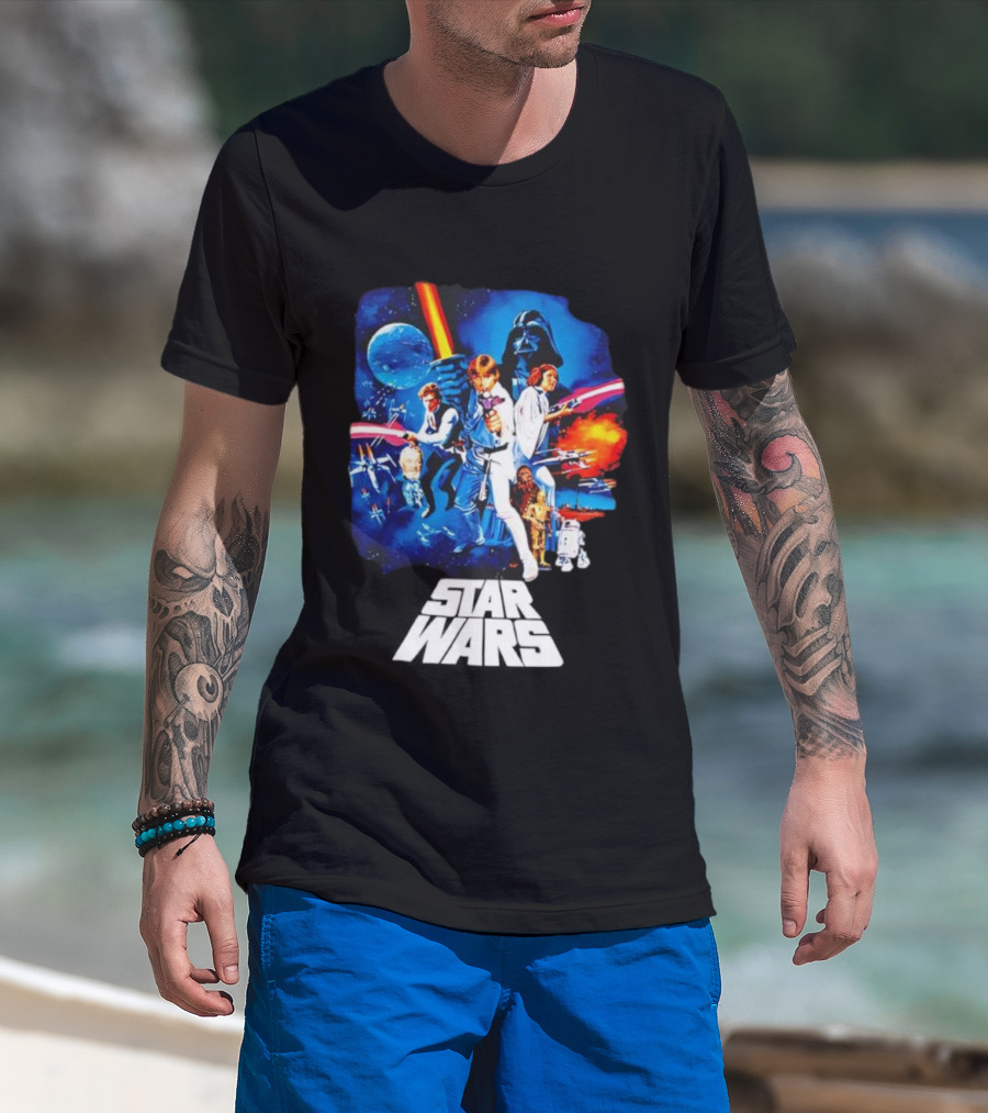 Star Wars New Hope Retro Darth Vader Luke Skywalker Leia Han Solo Chewbacca R2-D2 C-3PO Vintage Galactic Battle Scene T-Shirt