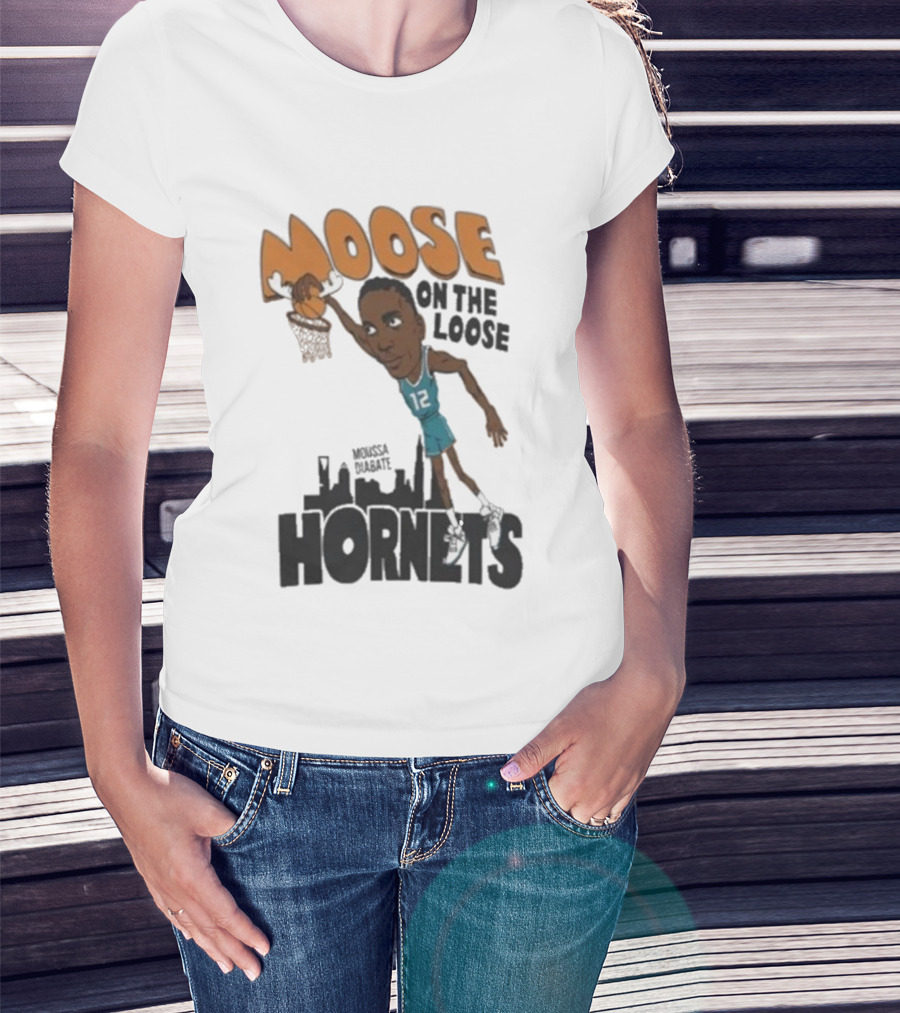 Moose On The Loose Hornets Moussa Diabate Caricature Dunk T-Shirt
