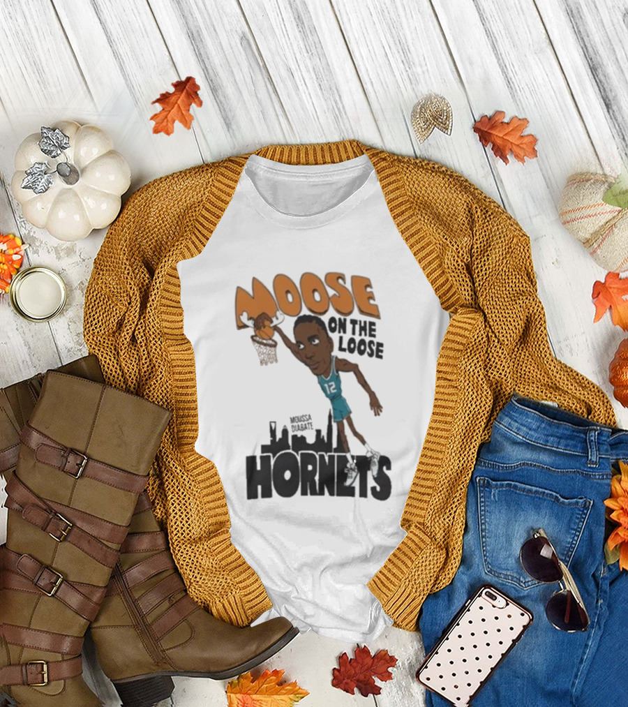 Moose on the Loose Hornets Moussa Diabate Caricature Dunk T-Shirt
