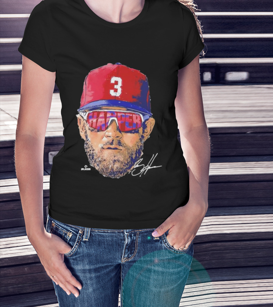 Philadelphia Phillies Bryce Harper Signature Head 3 Cap Sunglasses T-Shirt