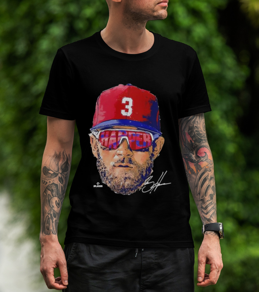 Philadelphia Phillies Bryce Harper Signature Head 3 Cap Sunglasses T-Shirt