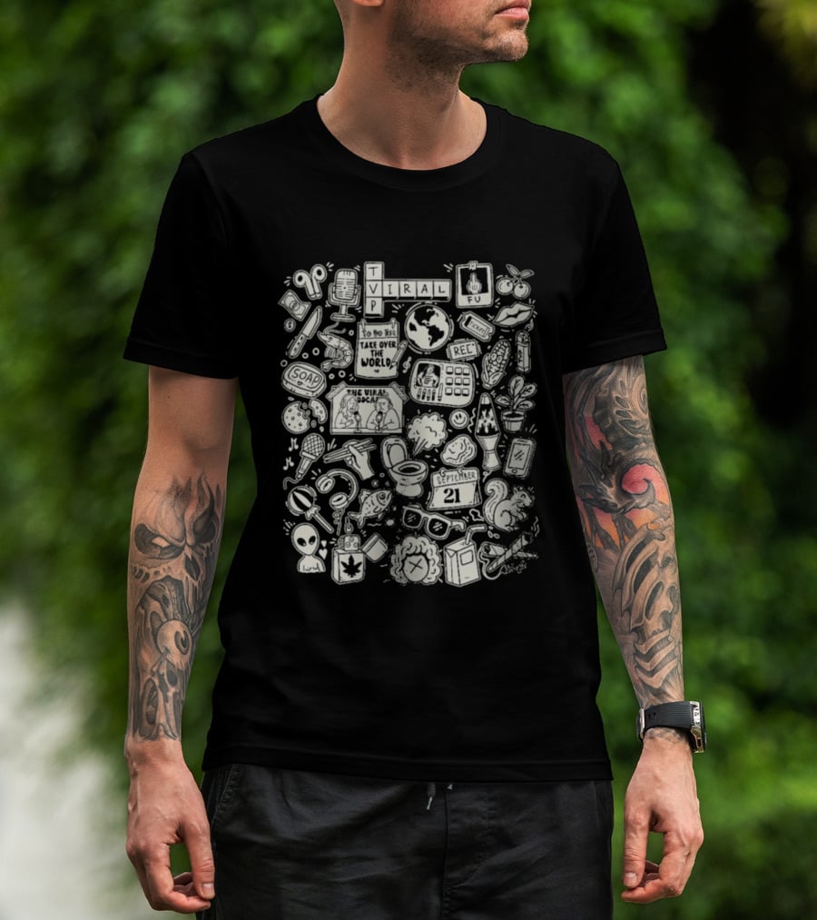 The Viral Podcast Doodle Funny Icons And Words Collage T-Shirt