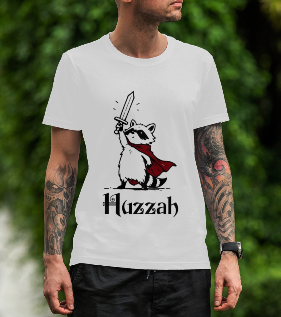 Raccoon Warrior Huzzah Red Cape Sword Heroic Pose T-Shirt