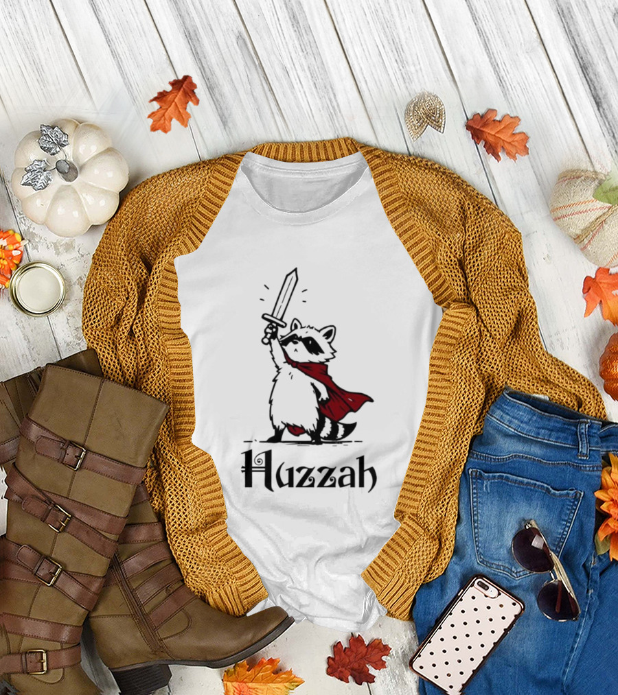 Raccoon Warrior Huzzah Red Cape Sword Heroic Pose T-Shirt