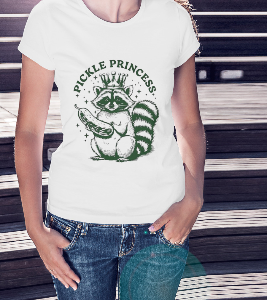 Pickle Princess Raccoon Holding Pickle With Crown And Stars T-Shirt