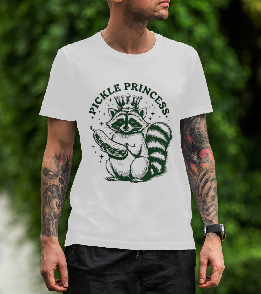 Pickle Princess Raccoon Holding Pickle With Crown And Stars T-Shirt