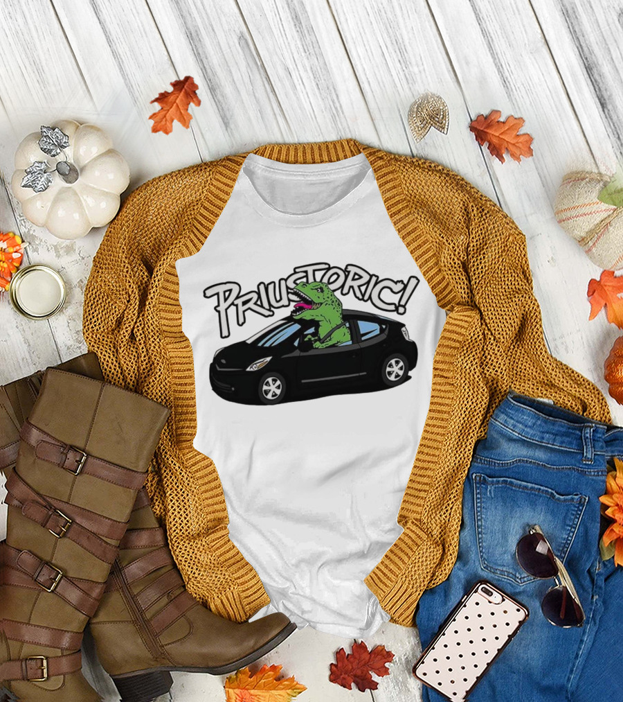 Priustoric T-Rex Dinosaur Driving Car Playful Humor T-Shirt