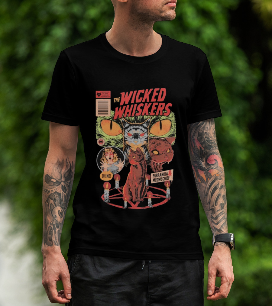 The Wicked Whiskers Oh No Purranoia Meowschief Comic Style Cats T-Shirt