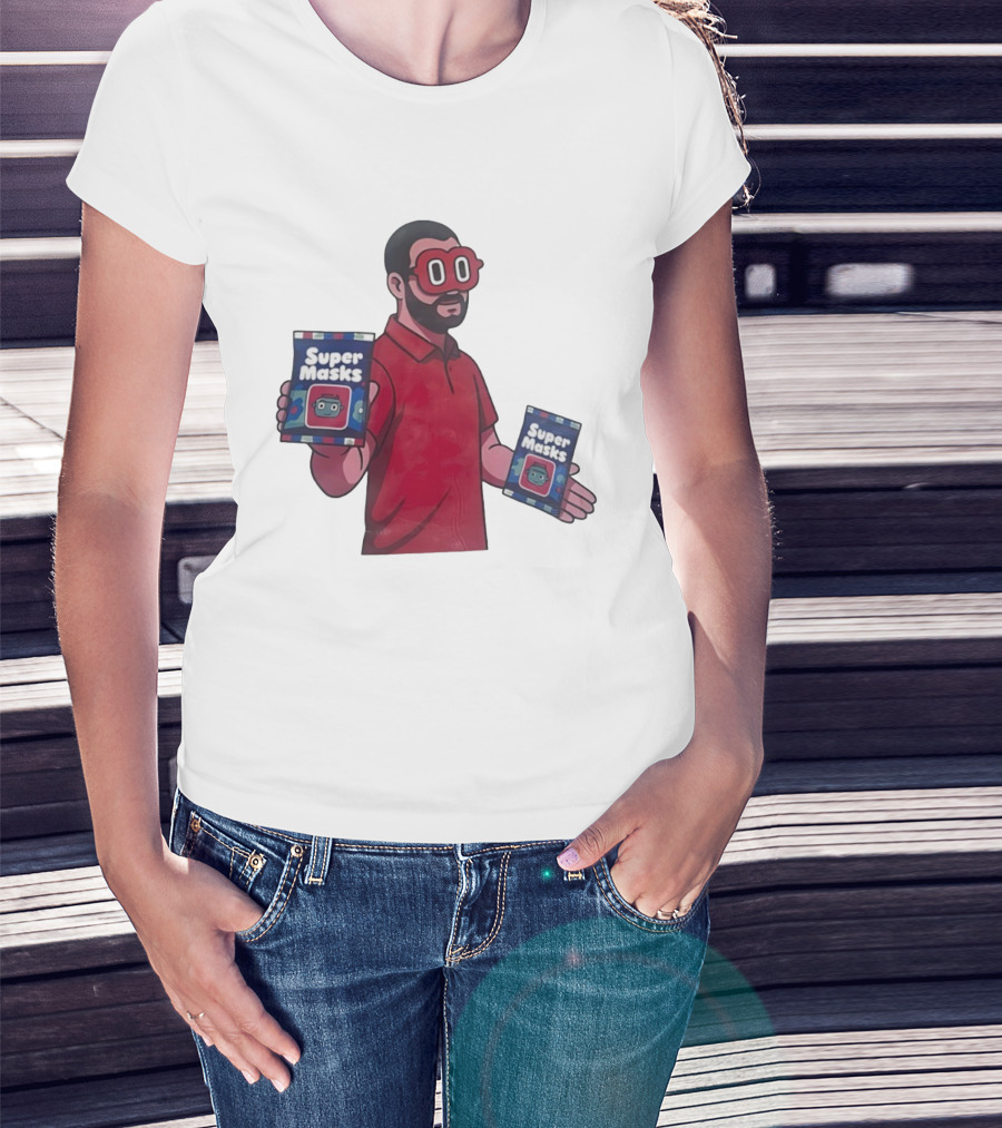 Super Masks Red Character Holding Packages With Eye Mask T-Shirt