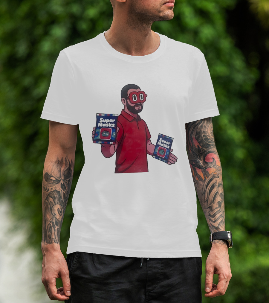 Super Masks Red Character Holding Packages With Eye Mask T-Shirt
