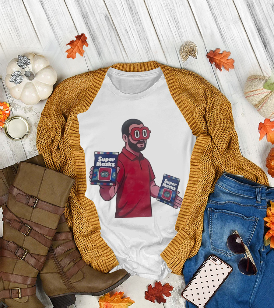 Super Masks Red Character Holding Packages with Eye Mask T-Shirt