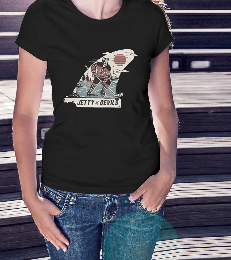 Jetty X New Jersey Devils NHL Player Vintage Skeleton Hockey Sunset Scene T-Shirt
