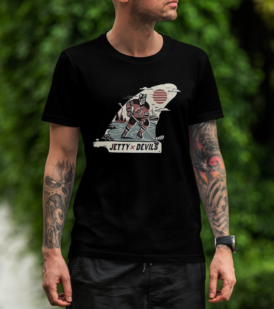 Jetty X New Jersey Devils NHL Player Vintage Skeleton Hockey Sunset Scene T-Shirt